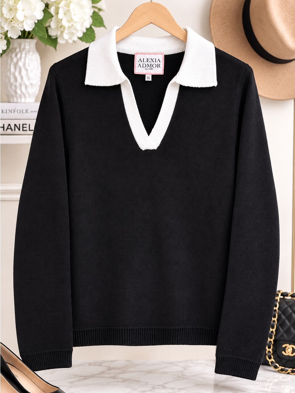 Alexia Admor XL Black White Collared V-Neck Knit Sweater Preppy